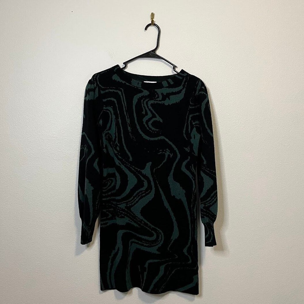 Lucy Paris Green Black Balloon Sleeve Mini Short Sweater Long Sleeve Dress Small - Picture 2 of 7